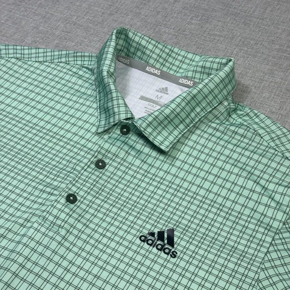 Adidas Golf Polo Shirt Mens M Green Check Polyester Blend Tagless Performance